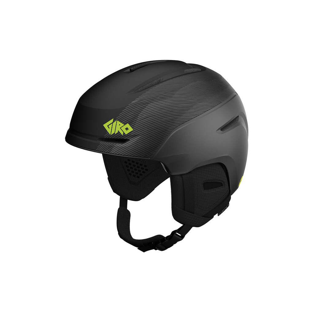 Mattschwarzer Giro Neo MIPS Skihelm mit Ohrenschützern und grünem Giro Logo, seitliche Ansicht.