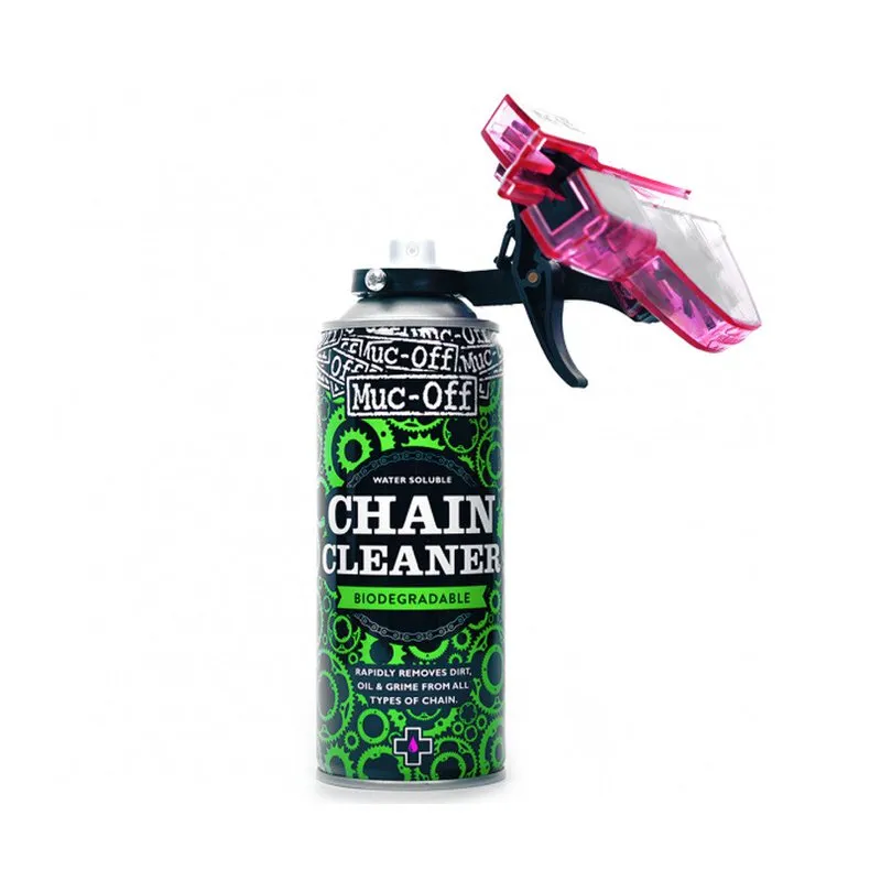 Muc-Off Chain Doc: Reinigungsmaschine mit pinkfarbenem Reinigungsaufsatz und Kettenspraydose.