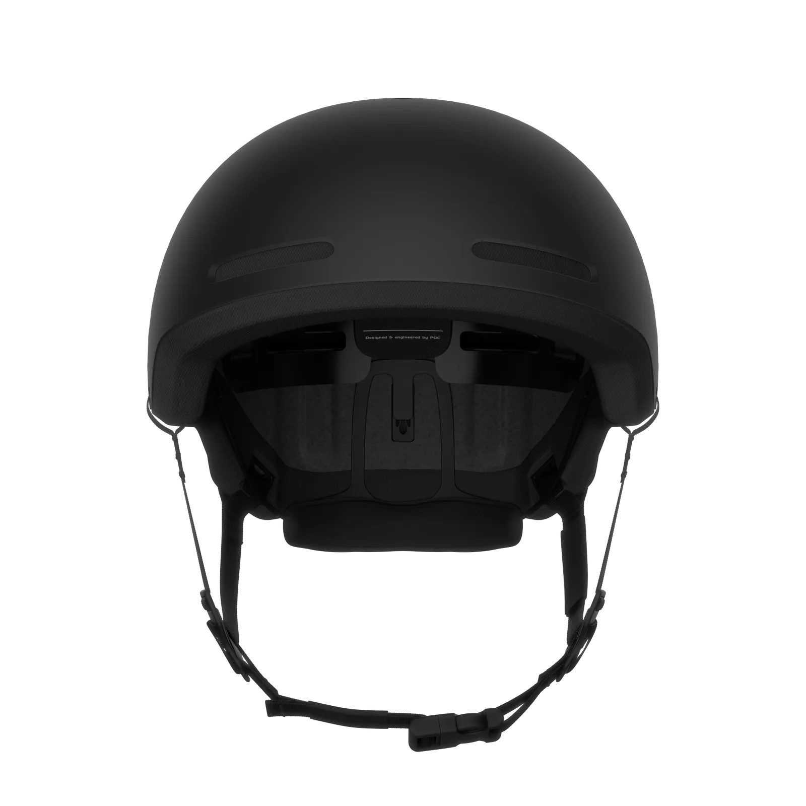Vorderansicht: Schwarzer POC Calyx Helm mit Kinnriemen und Belüftungsöffnungen.