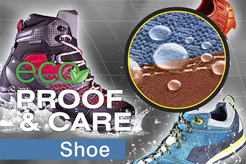 Wasserabweisende Schuhe Schuhe mit "Eco Proof & Care" Schriftzug. Nahaufnahme: Wasser perlt an Schuh-Material ab. Outdoor-, Wander- und Alltagsschuhe.