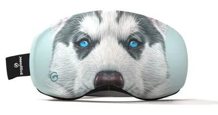 Skibrillen-Schutzbezug mit Husky-Motiv. Blauäugiger Husky-Welpe ziert den Bezug.