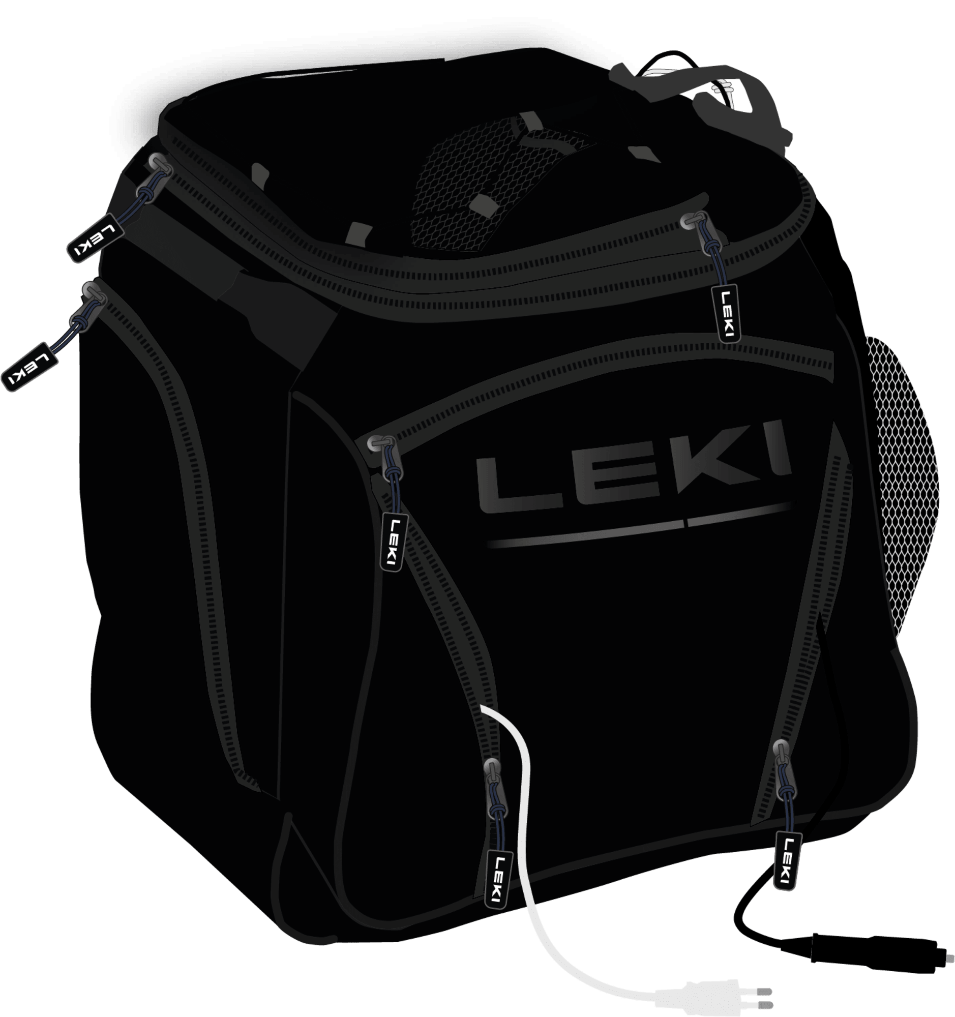 Schwarze Leki Bootbag Hot Tasche mit Reißverschlüssen, Kabel und Leki Logo.