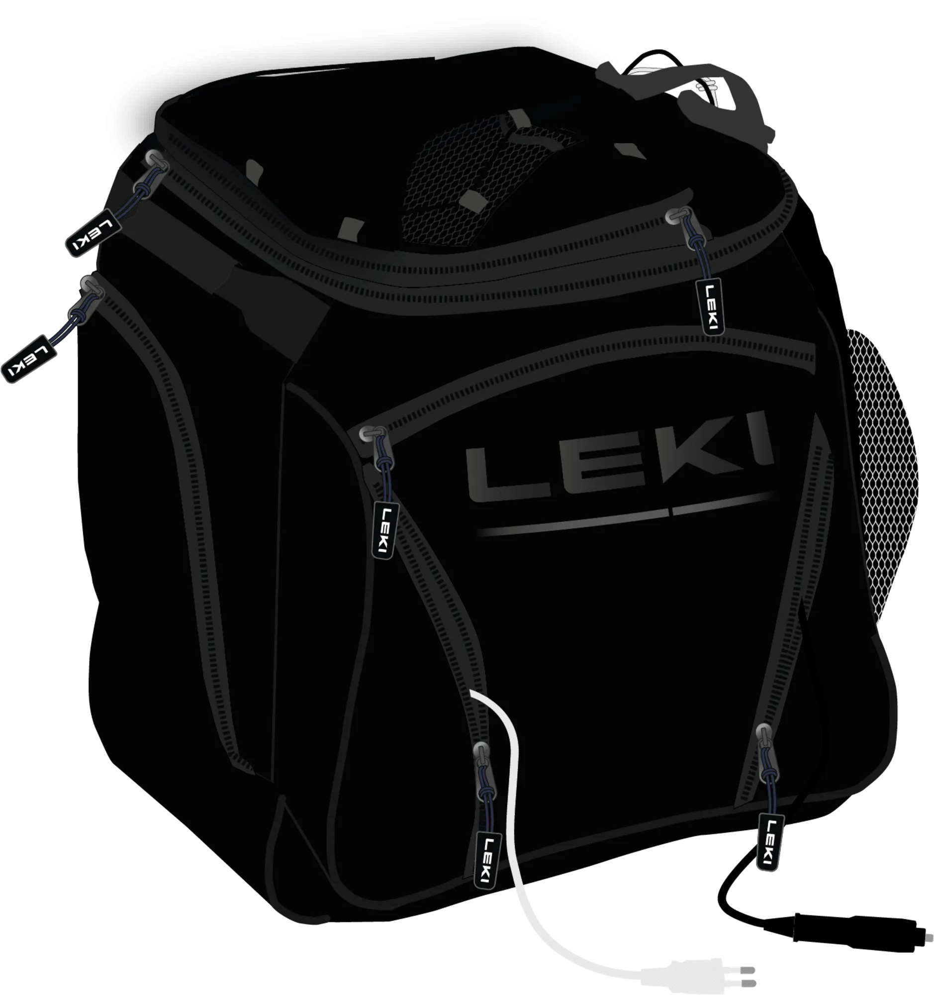 Schwarze Leki Bootbag Hot Tasche mit Reißverschlüssen, Kabel und Leki Logo.