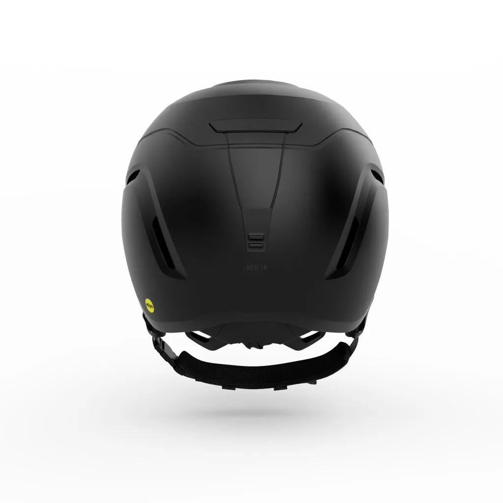 Schwarzer Skihelm von hinten mit Belüftungsöffnungen und dem Aufdruck "NEO JR" auf einem weißen Hintergrund.