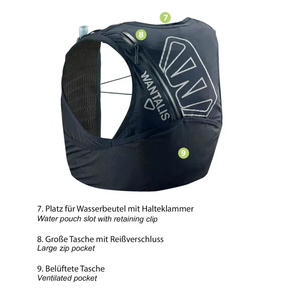 Dunkelblaue Running Trinkweste Hydrabag Elite 8L mit mehreren Taschen und reflektierenden Markierungen.