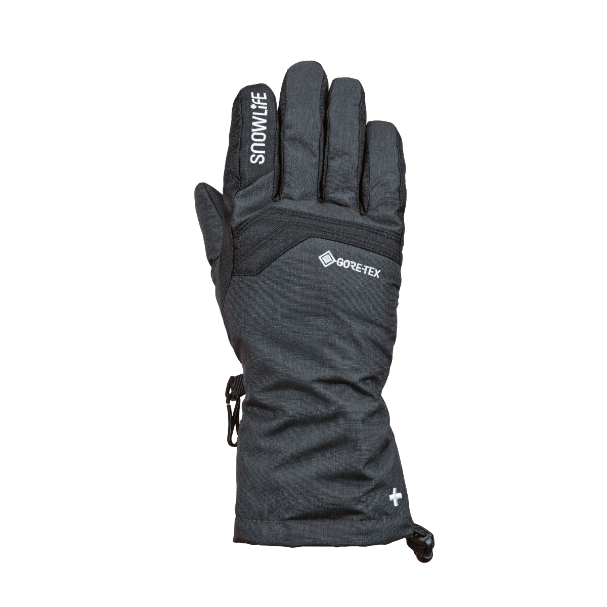 Grauer Winterhandschuh, Handfläche nach oben, mit Aufdrucken, Gore-Tex-Logo und verstellbarem Bündchen.