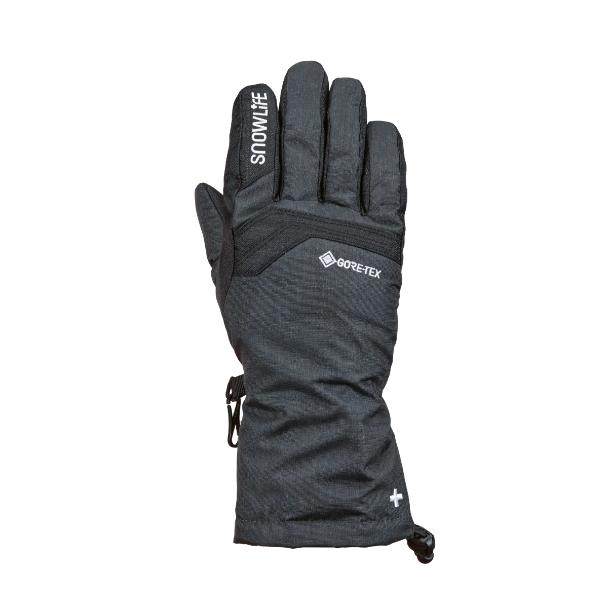 Grauer Winterhandschuh, Handfläche nach oben, mit Aufdrucken, Gore-Tex-Logo und verstellbarem Bündchen.