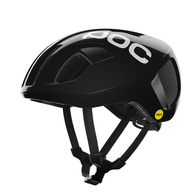Schwarzer POC Ventral MIPS Fahrradhelm mit Riemen und MIPS Aufkleber.