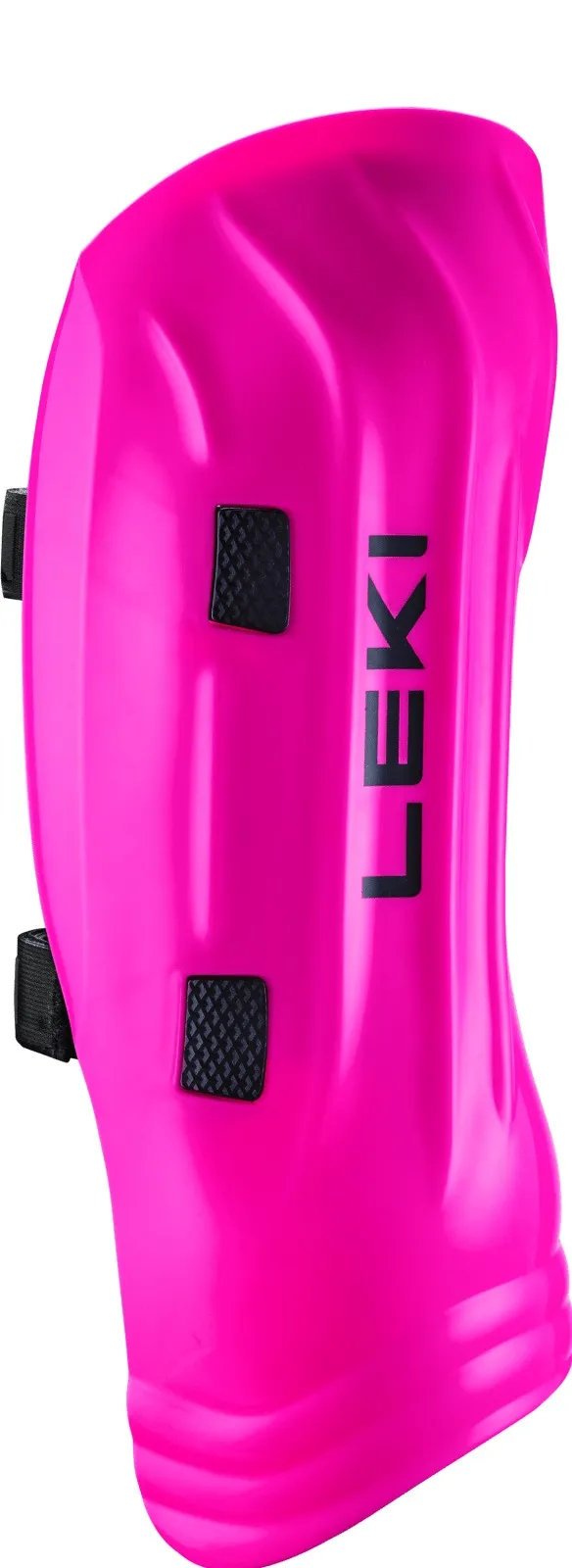 Ein pinkfarbener Unterarmschutz mit dem schwarzen Schriftzug "LEKI" und zwei schwarzen, quadratischen Polstern.