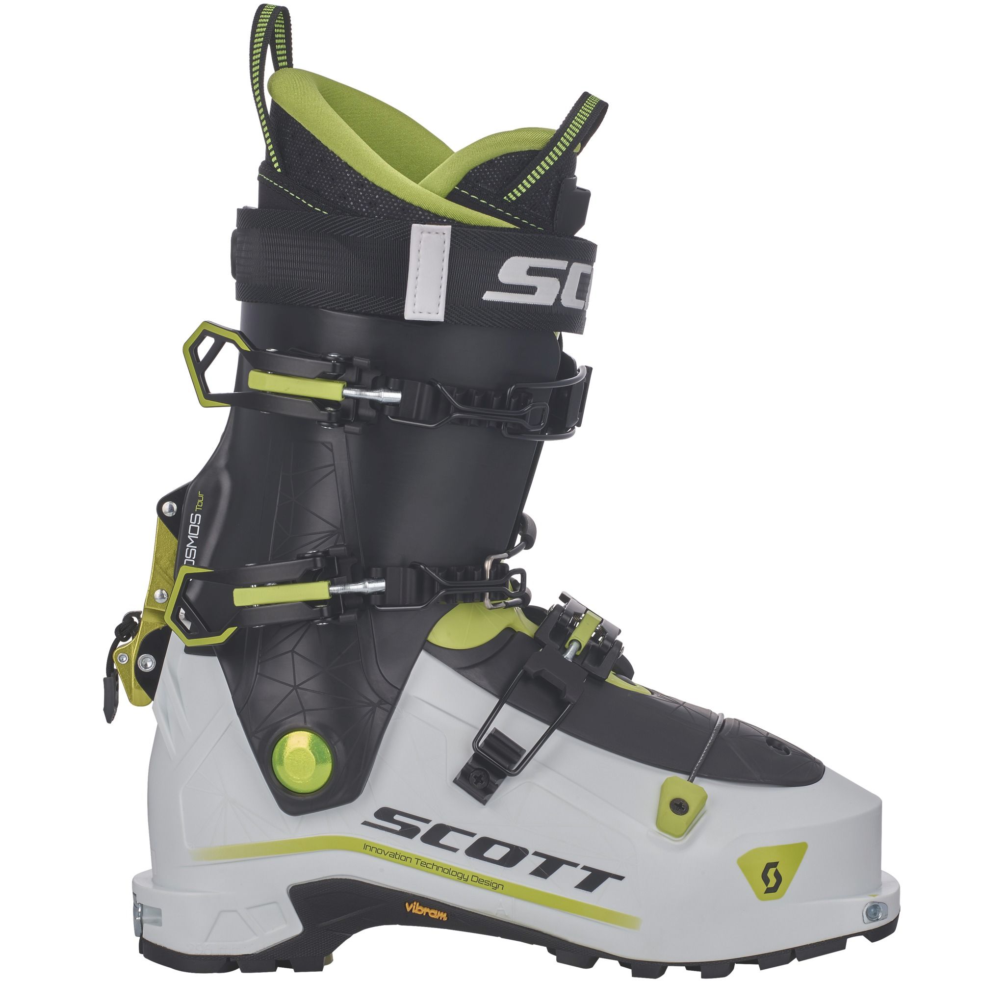 Ski-Tourenstiefel Scott Cosmos Tour, seitliche Ansicht. Weißer Unterschuh, schwarzer Schaft mit Schnallen und grünem Futter.