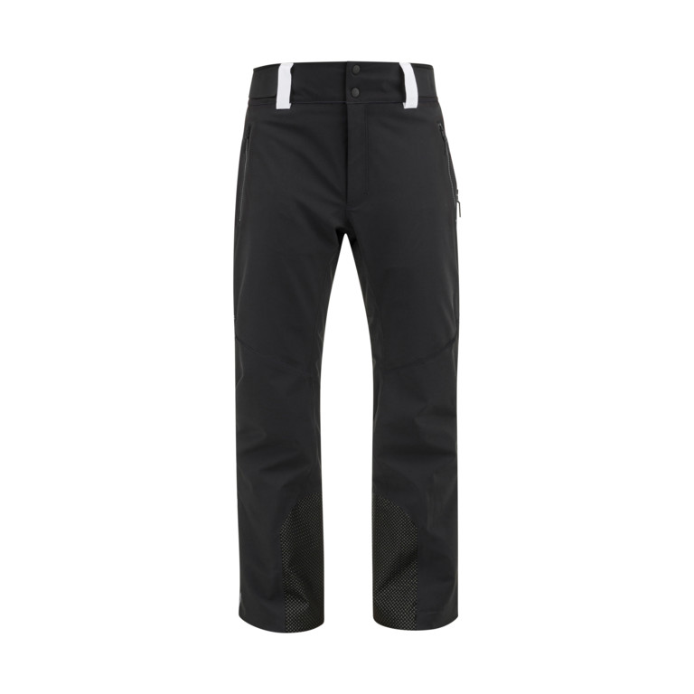 Schwarze PORSCHE Ski Hose für Herren, frontal, mit Taschenreißverschlüssen und verstärkten Beininnenseiten.