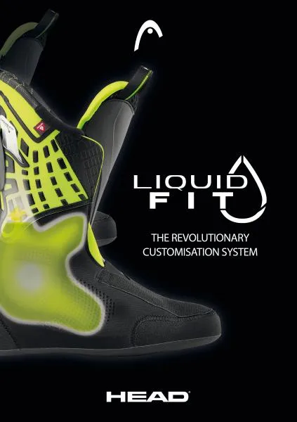 Darstellung eines schwarzen Skischuhs mit leuchtend gelbem Innenschuh vor schwarzem Hintergrund. Text: "LIQUID FIT".