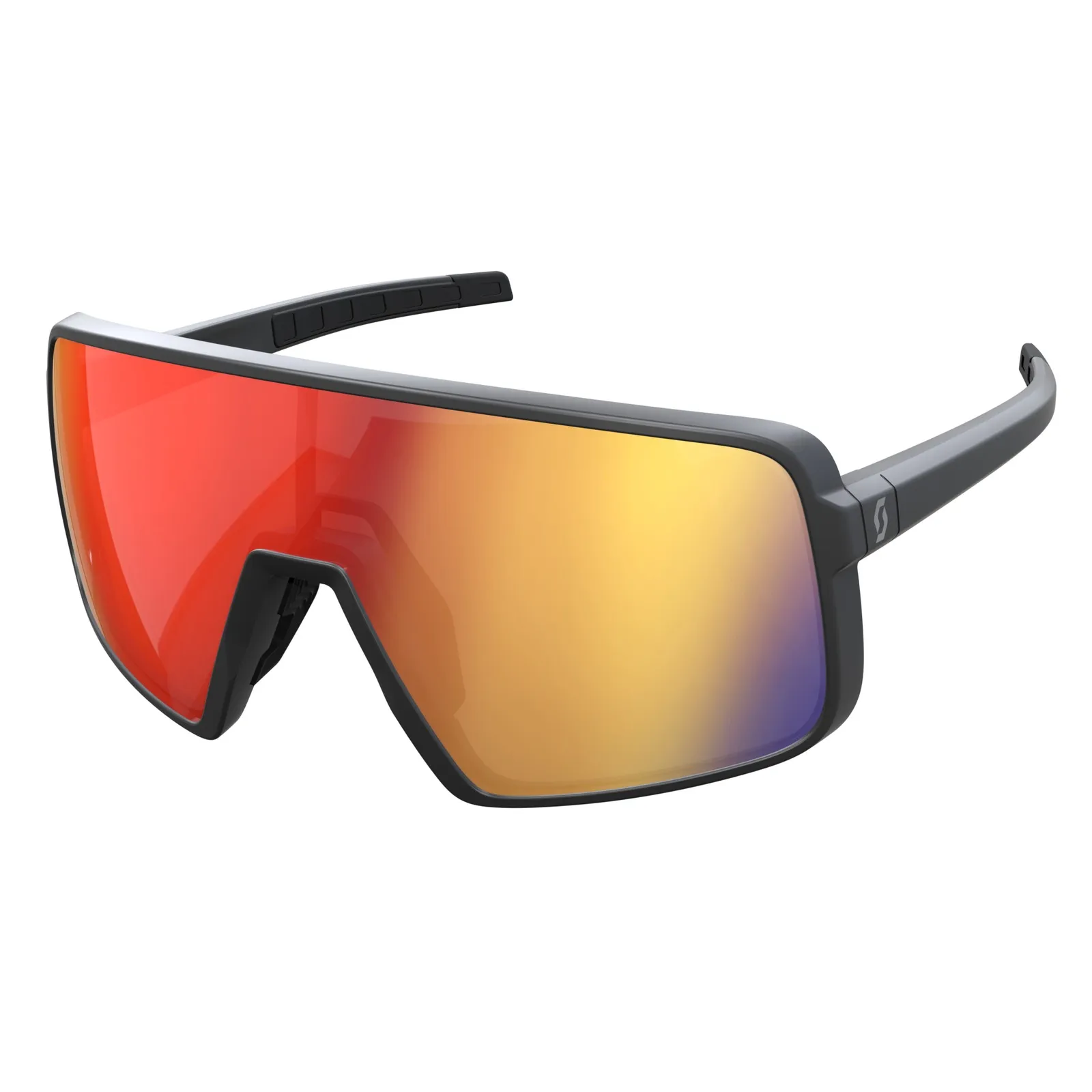 SCOTT Torica Sonnenbrille mit schwarzem Rahmen und rot-chromfarbenen, getönten, torischen Gläsern.