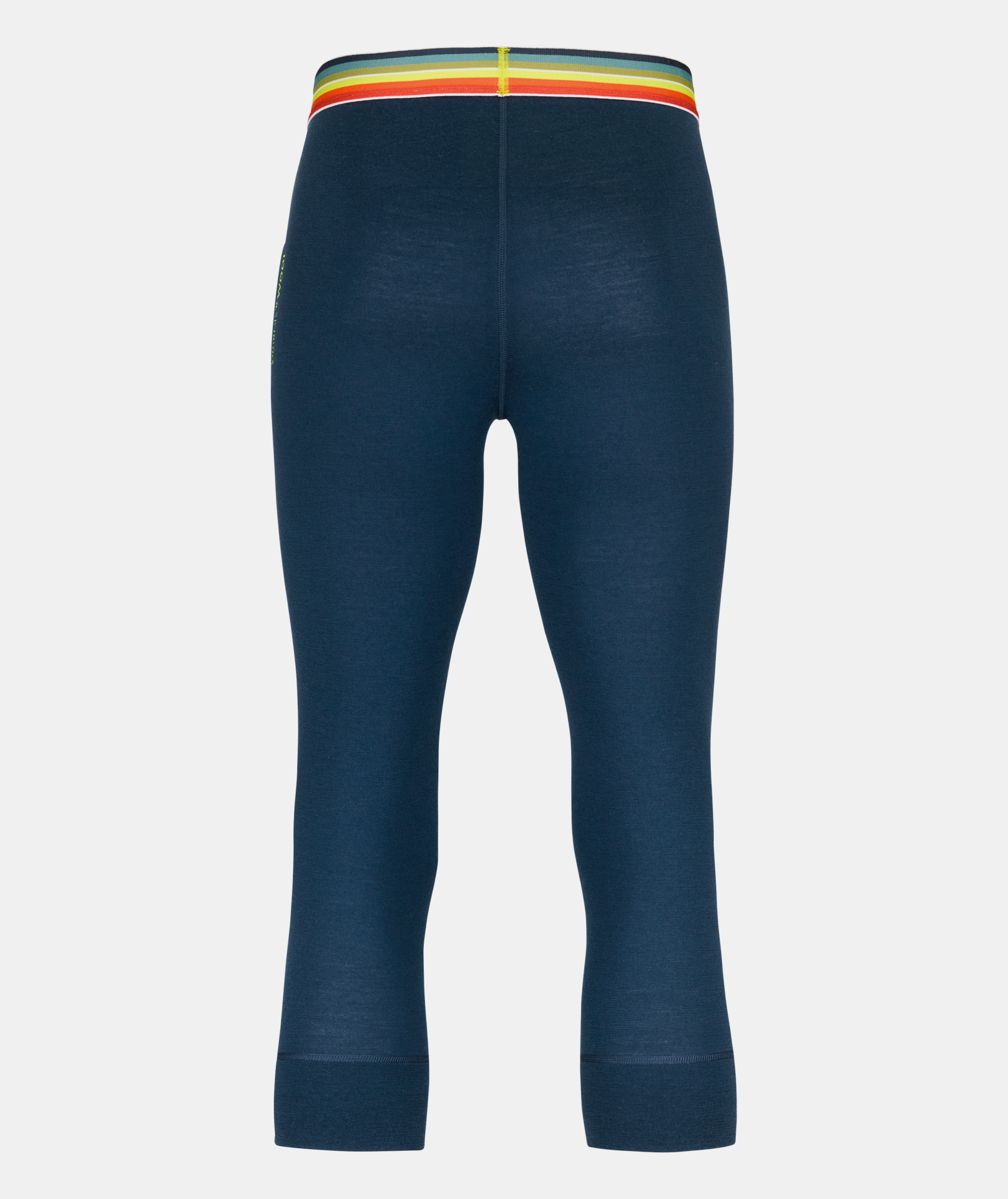 Blaue 185 ROCK'N'WOOL Hose, Dreiviertellänge von hinten. Bunter Bund mit Streifen in Gelb, Orange, Grün und Blau.