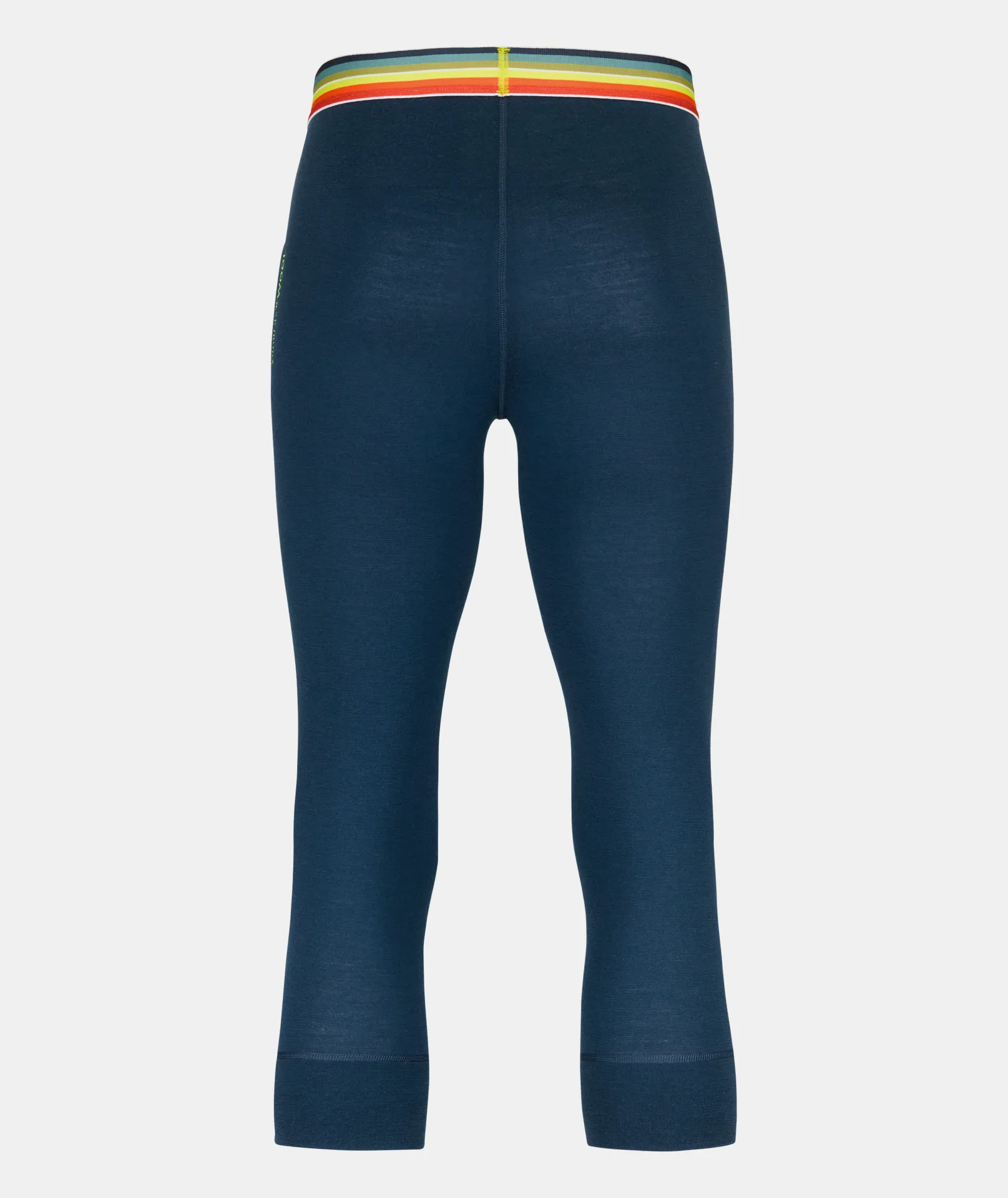 Blaue 185 ROCK'N'WOOL Hose, Dreiviertellänge von hinten. Bunter Bund mit Streifen in Gelb, Orange, Grün und Blau.