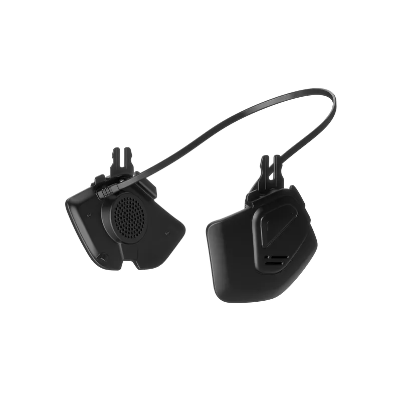 Schwarzes Obex Connect Headset mit Lautsprecher, Mikrofon und Befestigung, freigestellt.