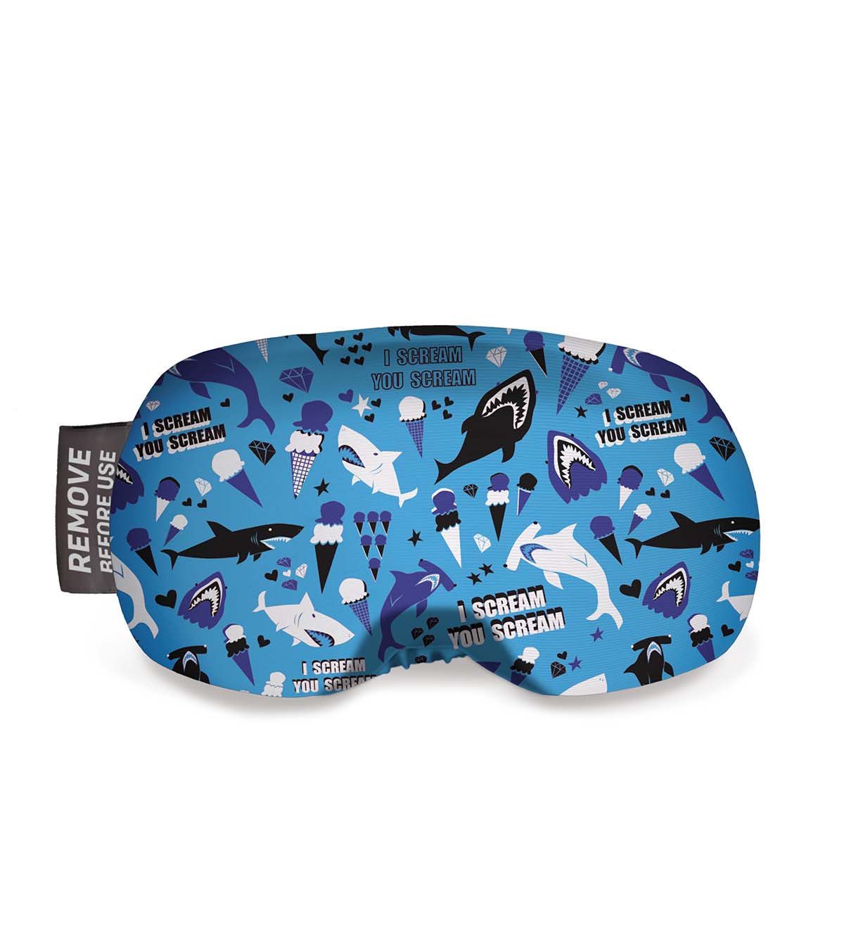 Blauer Skibrillenschutz mit Haien, Eis und Schriftzug "I scream, you scream" als Muster.