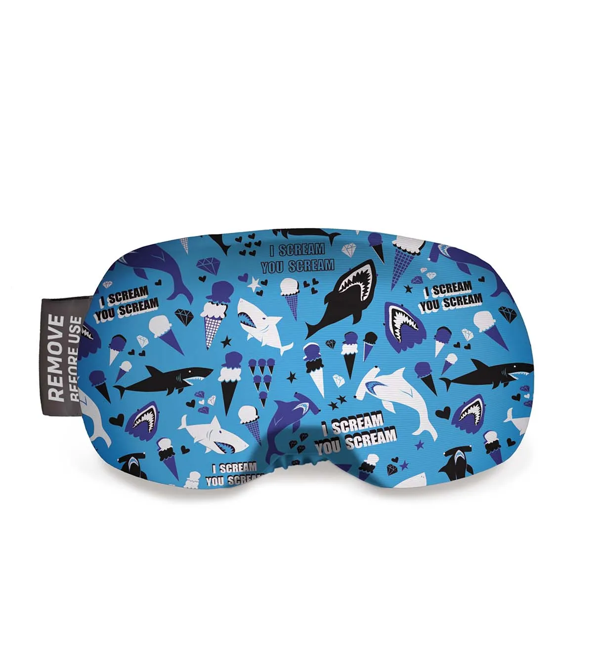 Blauer Skibrillenschutz mit Haien, Eis und Schriftzug "I scream, you scream" als Muster.