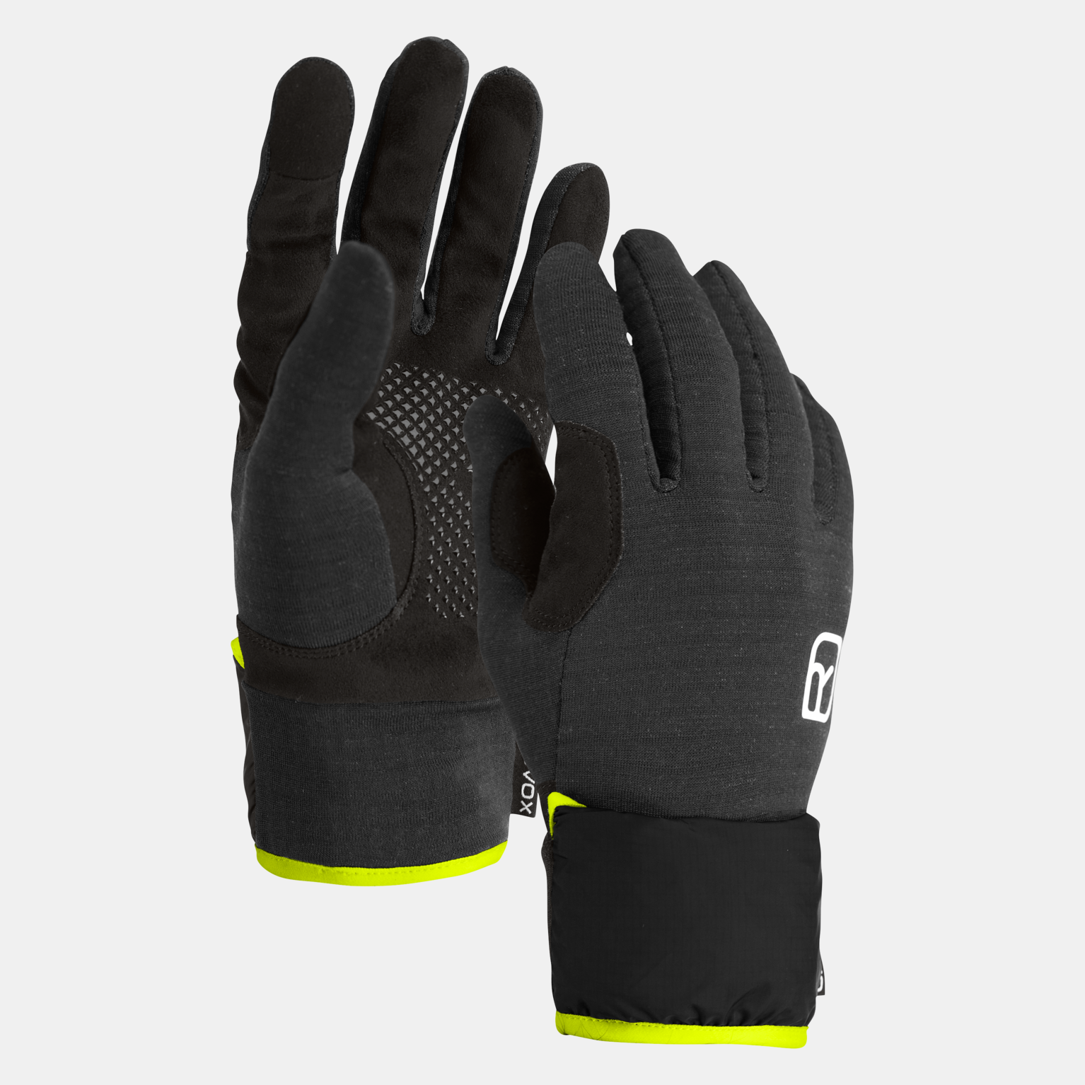 Zwei schwarze Ortovox Fleece Grid Cover Handschuhe, Handflächen mit Silikon, gelber Saum.