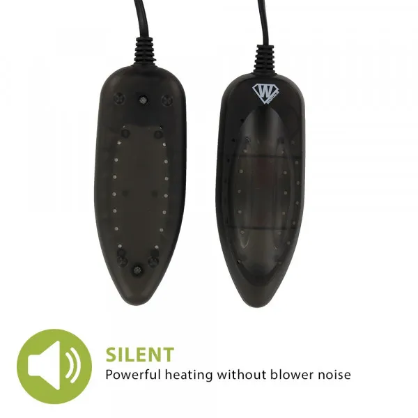 Zwei UV Schuhtrockner, Stecker oben, längliche Form, Luftlöcher sichtbar, Produktbeschreibung "Silent".