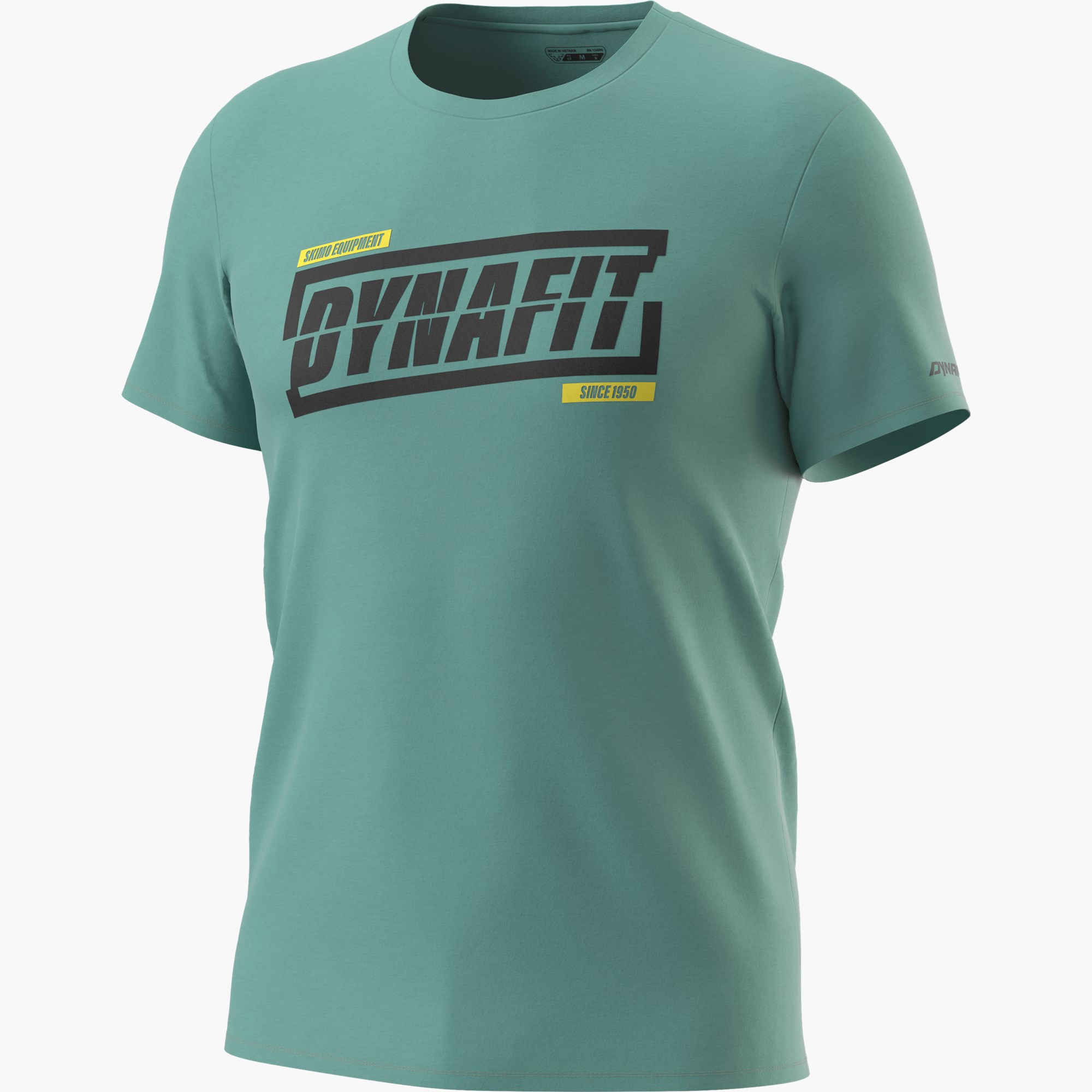 Atlantic-farbenes Dynafit Graphic Cotton T-Shirt mit schwarzem Dynafit Logo und gelben Akzenten.
