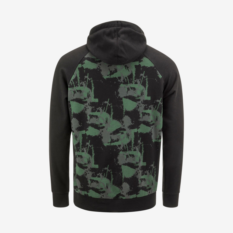 Schwarzer Race Hoodie Herren Rückansicht eines schwarzen Race Hoodies für Herren mit grünem Camouflage-Muster am Oberkörper.