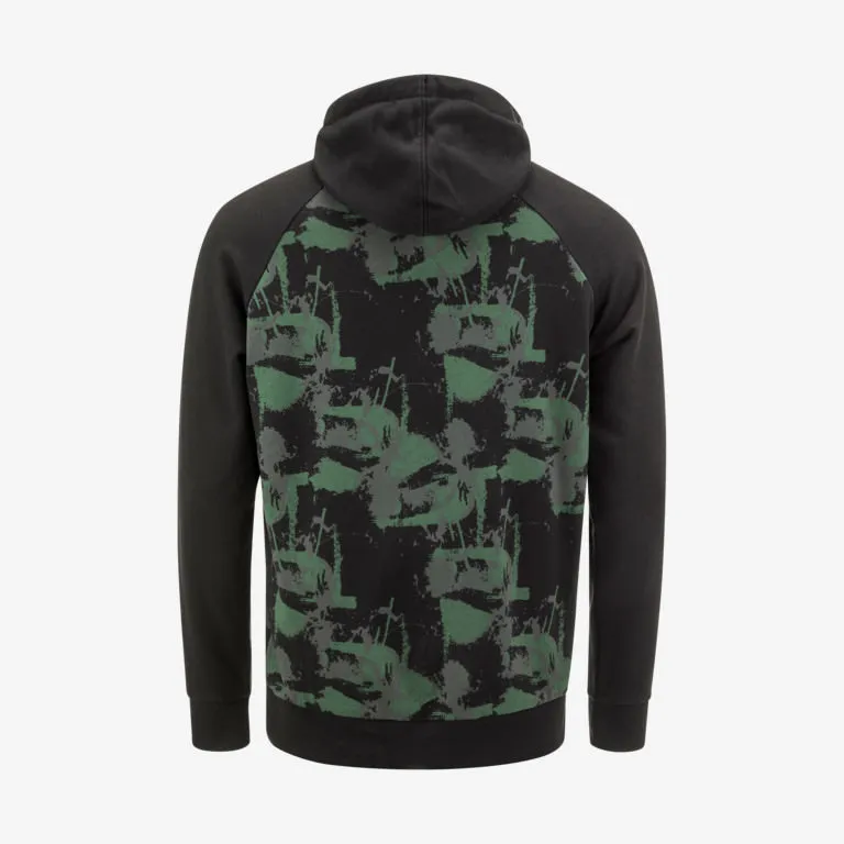 Rückansicht eines schwarzen Race Hoodies für Herren mit grünem Camouflage-Muster am Oberkörper.