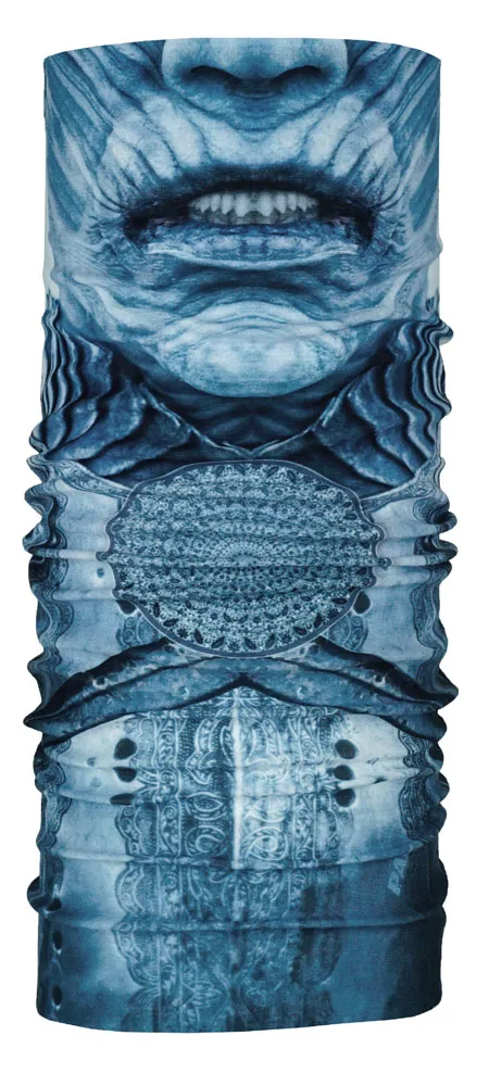 P.A.C. Pirut Facemask: Schlauchtuch mit blauem Fantasiegesicht und Ornamenten.