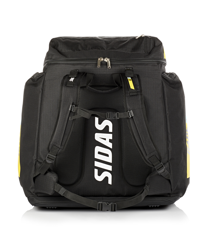 Schwarze Sidas Race Boot Bag (90L) von hinten, mit Tragegurten und großem "SIDAS" Schriftzug.