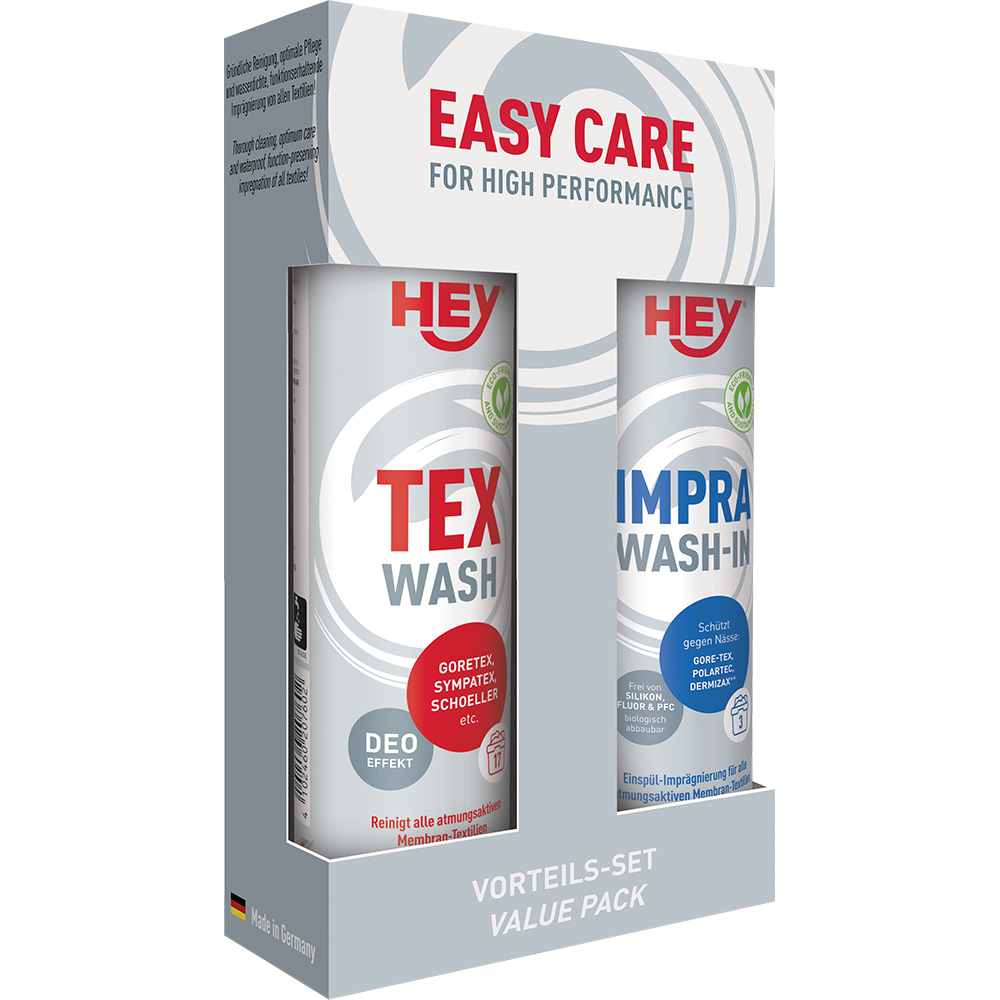 Hey Sport Waschset Verpackung von Hey Sport Tex Wash und Impra Wash-In für Funktionstextilien. Das Set verspricht Easy Care und hohe Performance.
