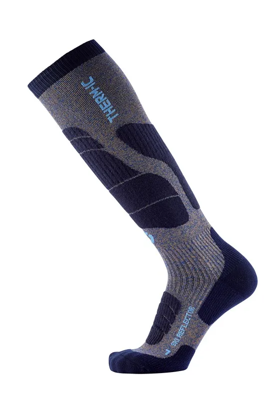 Blaue Therm-ic Ski Merino Reflector Herren Skisocke, kniehoch, mit grauen Akzenten und Schriftzug.