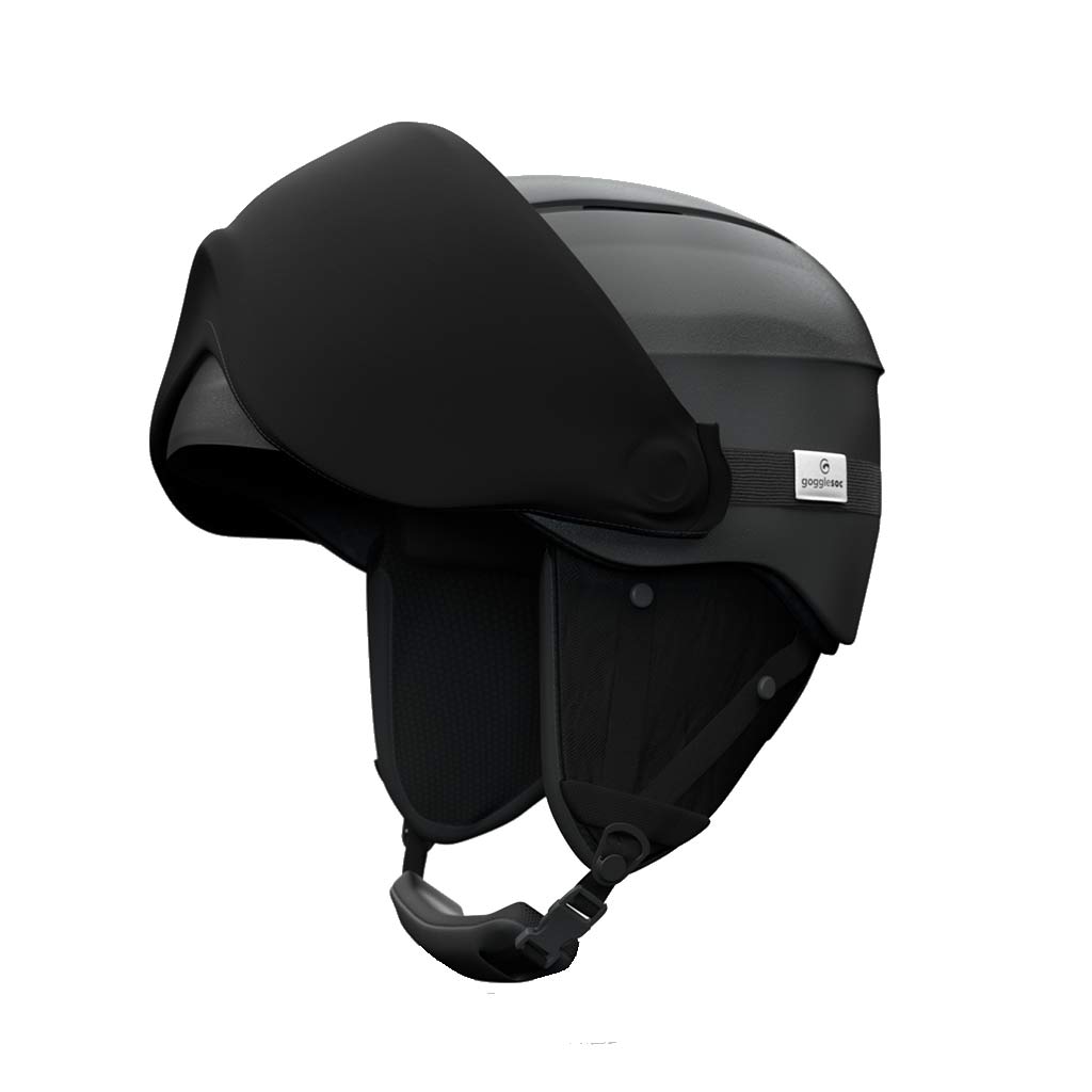 Schwarzer Skihelm mit Visier Schwarzer Skihelm mit Visier-Schutz über den Augen und Kinnriemen.