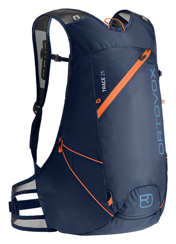 Ortovox Trace 25 Rucksack Blauer Ortovox Trace 25 Rucksack mit orangen Akzenten und reflektierenden Details für Skitouren, seitliche Markenlogo.