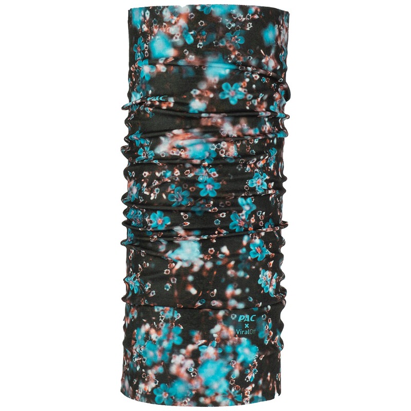 Floral schlauchtuch türkis-braun Schlauchtuch mit floralem Muster in Türkis und Braun auf dunklem Grund, gerafft dargestellt.