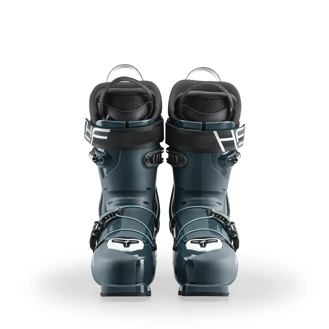 Frontale Ansicht: Dunkelgraue Nordica HF Pro 95 W GW Skischuhe, Schnallen, weißes Logo.
