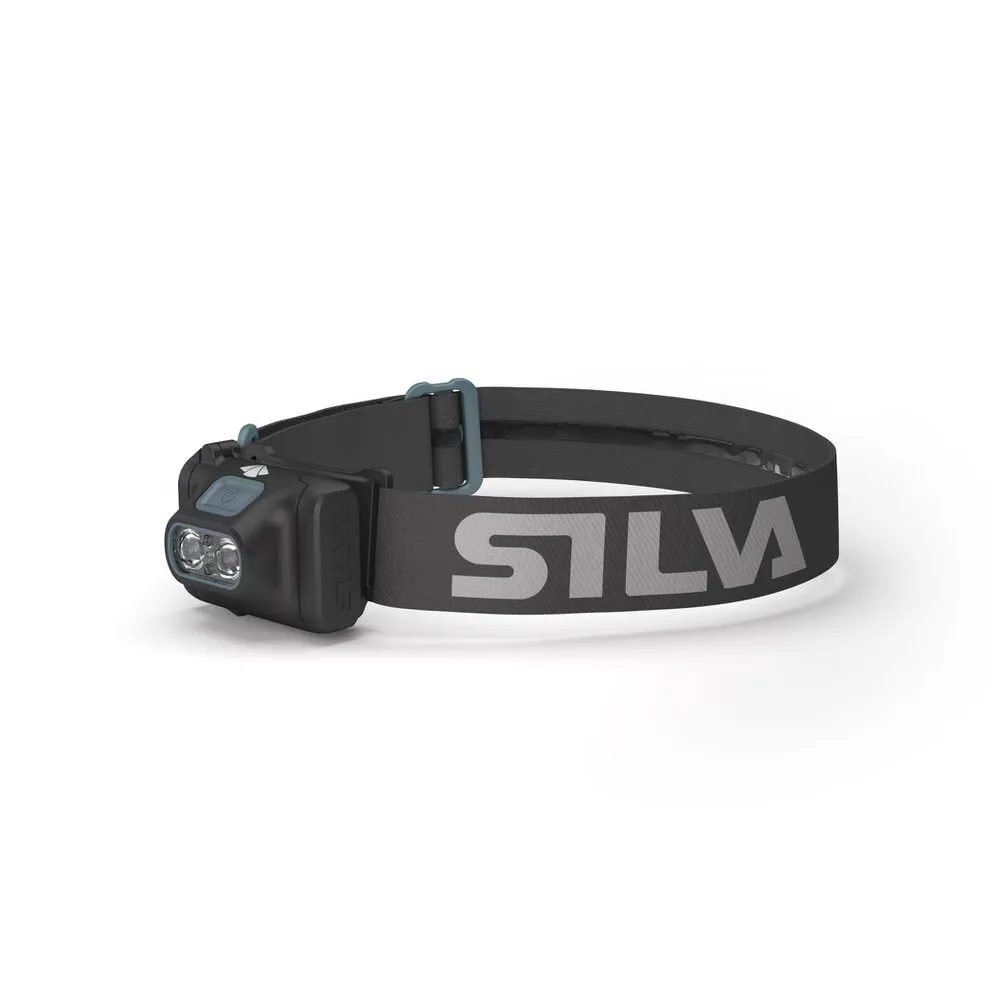 Schwarze Silva Scout 3XTH Stirnlampe mit grauem Stirnband und zwei LED-Leuchten im Lampenkopf.