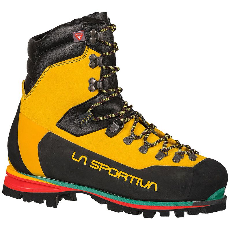 Gelb-schwarzer La Sportiva Nepal Extreme Bergschuh mit Schnürung und mehrfarbiger Sohle.