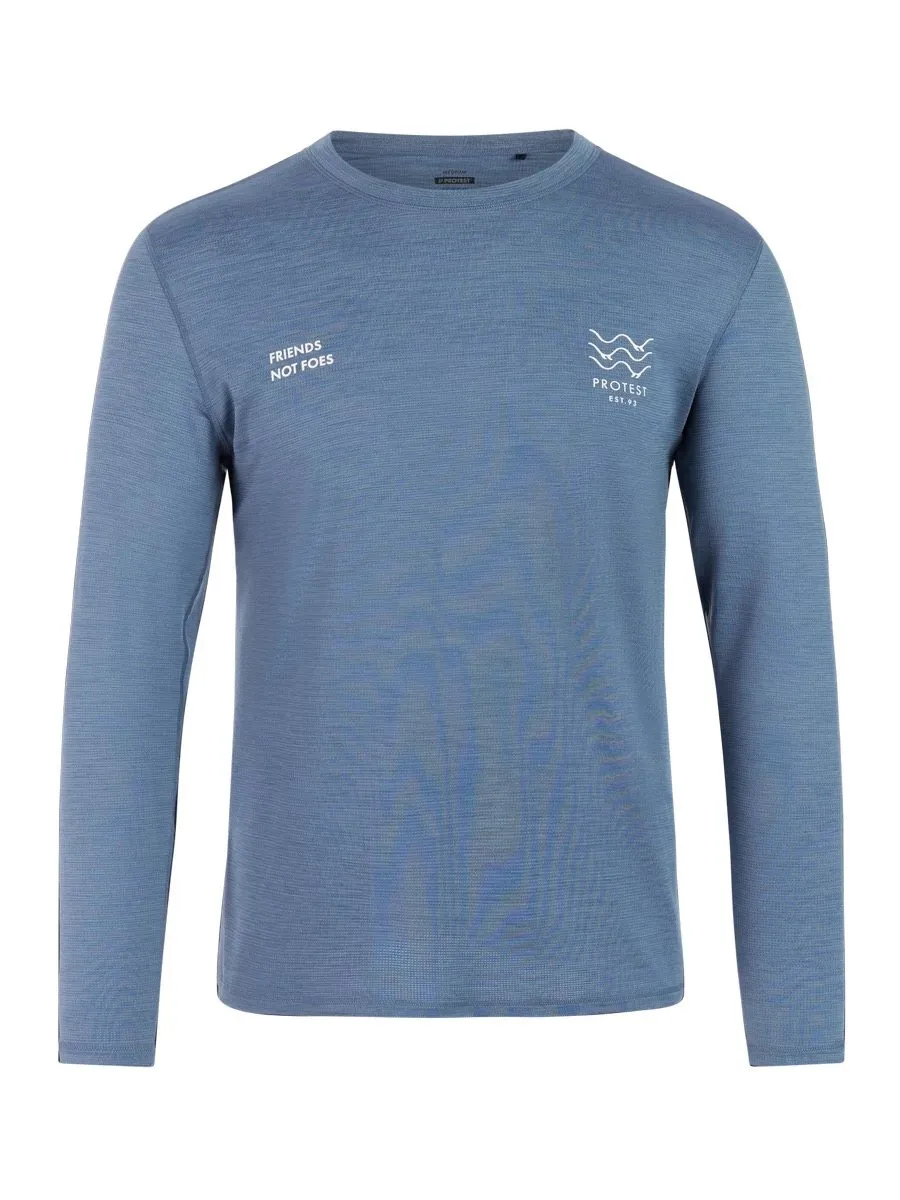 Blaues Langarmshirt mit Rundhalsausschnitt, Text "Friends Not Foes" und Wellen-Logo auf der Brust.
