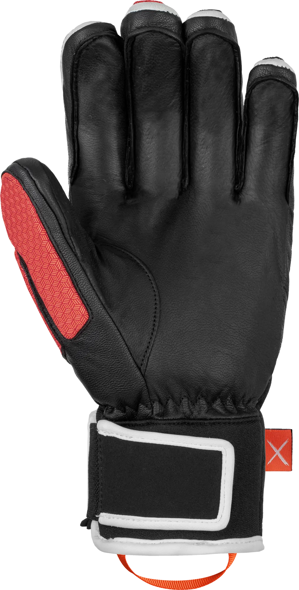 Schwarzer Reusch Worldcup Warrior DH Rennhandschuh, Handflächenansicht mit roter Daumenpolsterung und weiß-schwarzem Handgelenksverschluss.