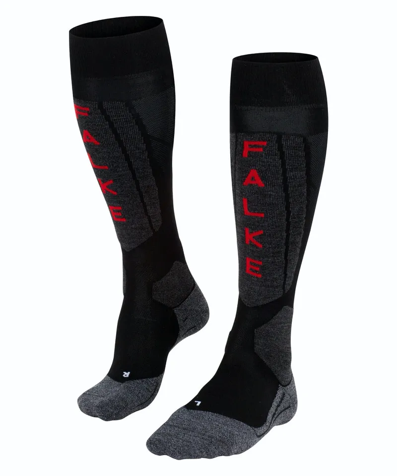 Zwei Falke SK5 Damen Skiing Kniestrümpfe in Schwarz-Grau mit rotem Falke-Logo.