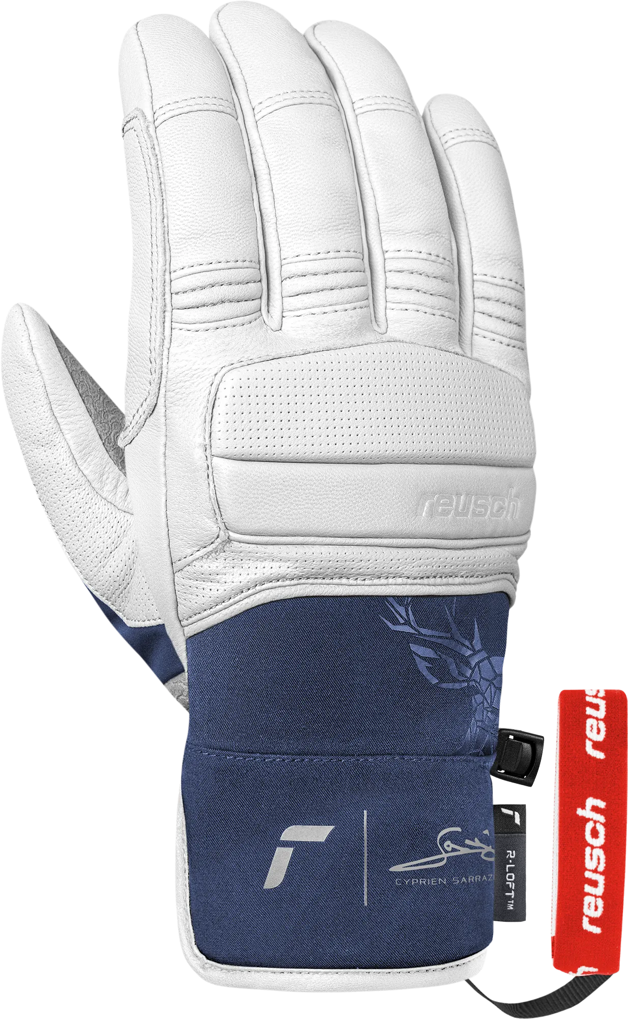 Weiße Reusch-Lederhandschuhe mit dunkelblauem Textilbund und rotem Etikett vor weißem Hintergrund.