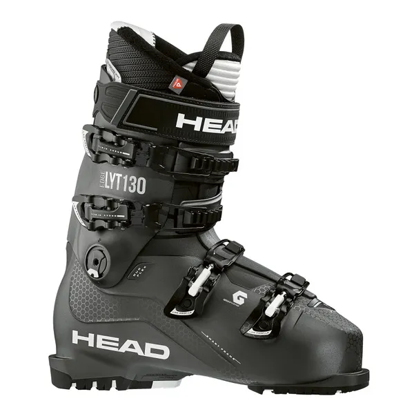 Ein grauer Head Edge LYT 130 Skischuh mit vier Schnallen ist vor einem weißen Hintergrund dargestellt.