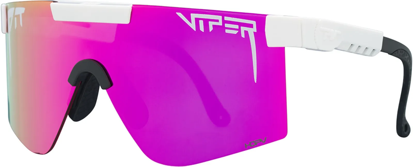 Pink polarisierte Pit Viper Sonnenbrille mit weißem Rahmen, Seitenansicht.