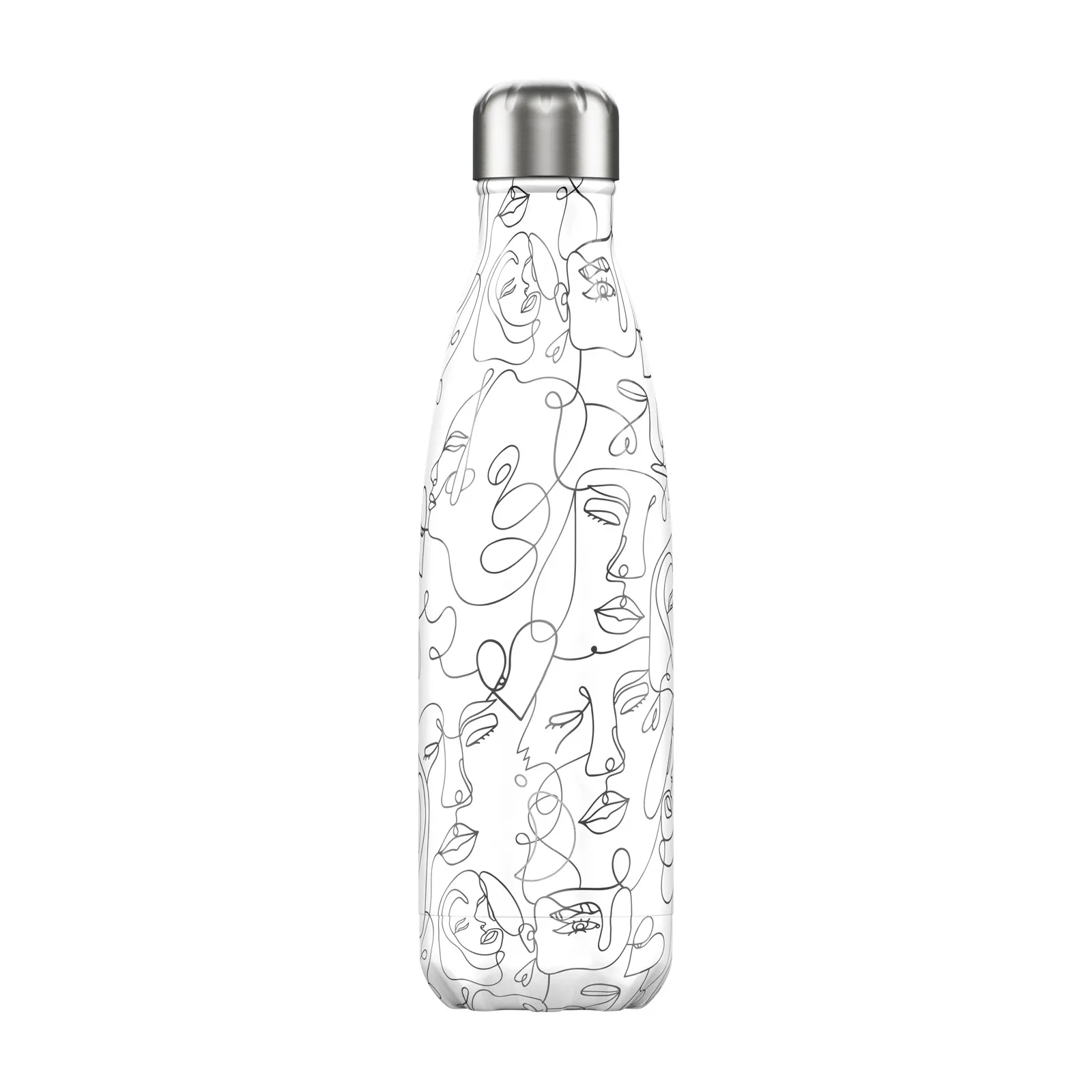 Schlanke, weisse Chillys Trinkflasche (500ml) mit silbernem Deckel und Line Art Gesichtern.