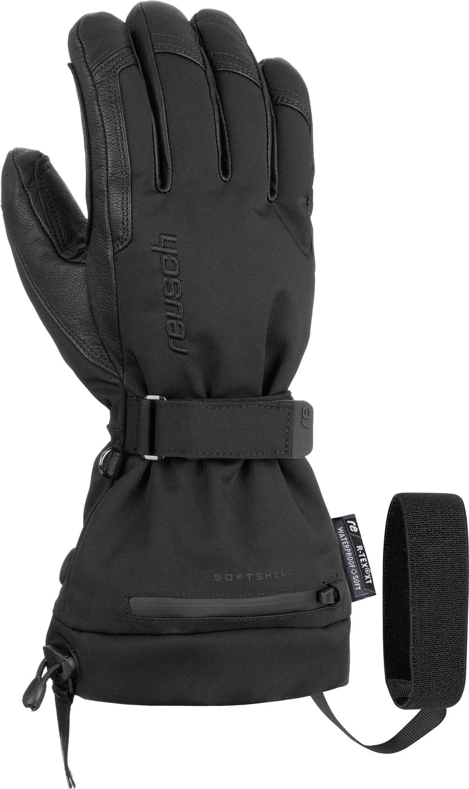 Schwarzer Reusch Instant Heat r-tex XT Skihandschuh mit Lederdetails und einem zusätzlichen schwarzen Klettband.