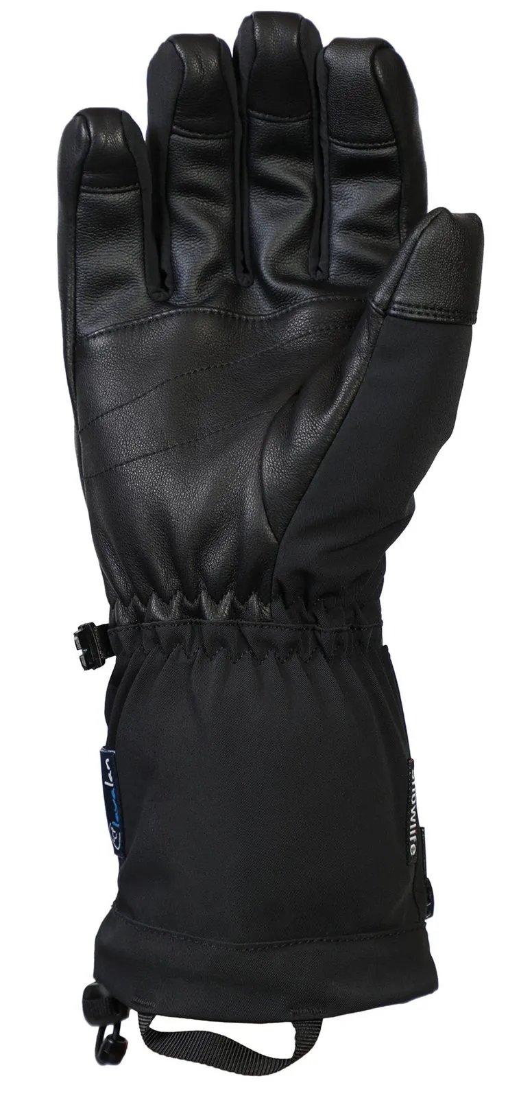 Schwarzer Heat DT Glove, Handfläche aus Leder, Handrücken aus Stoff, sichtbarer Verschluss und Kordelzug.