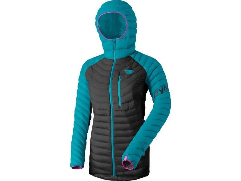 Damen Daunenjacke in Ocean/Schwarz mit Kapuze. Steppjacke mit Reissverschluss und Logo.