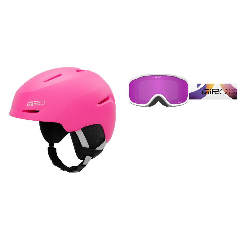 Rosa Skihelm mit Giro-Logo und Skibrille mit violetten Gläsern und weißem Rahmen.