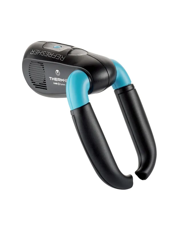 Schuhtrockner Thermic Refresher mit UV Licht: Schwarz-blaue Konstruktion mit zwei Trockenarmen.