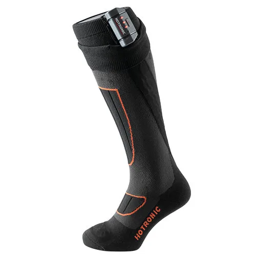 Dunkelgraue Heat Socks Surround mit orangenen Akzenten und Batteriefach am oberen Rand.